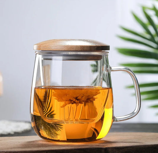Heat-Resistant Glass Tea Mug with Built In Infuser & Bamboo Lid – 420 ml (14 oz)